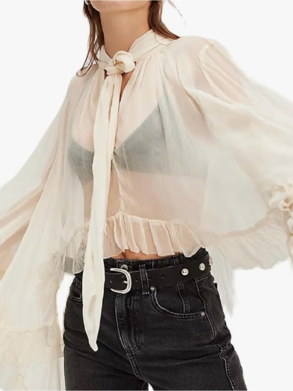 Sheer Tie-Neck Ruffle Hem Blouse - Cream